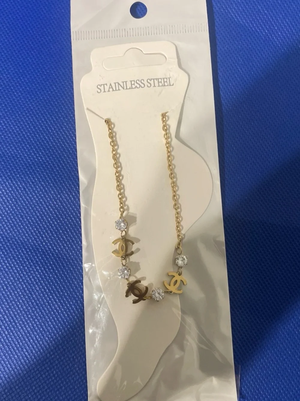 Gold-Tone Women’s Anklets with Logo Charms and Crystals 10” New